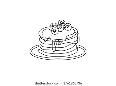 Un dibujo de línea continua de crepes estadounidenses con bayas y jarabe. Concepto de plantilla del logotipo de la cafetería de desayuno. Ilustración vectorial de diseño de trazos de línea única moderna
