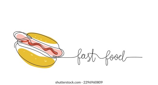 Un dibujo de línea continua de hot dog americano con salchicha y letras. Comida rápida de una sola línea para el menú del restaurante, afiche o pancarta de estilo lineal simple. Dibujar ilustración vectorial de color de doodle