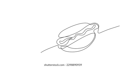 Un dibujo de línea continua de hot dog americano con salchicha. Una sola línea de hotdog de comida rápida para menú de restaurante, afiche o banner de estilo simple lineal. Dibujar ilustración vectorial de doodle. Arte de línea