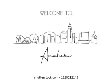 One continuous line drawing of Anaheim city skyline, California. Beautiful landmark. World landscape tourism travel home wall decor poster print. Stylish single line draw design vector illustration