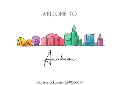 One continuous line drawing of Anaheim city skyline, California. Beautiful landmark. World landscape tourism travel home wall decor poster print. Stylish single line draw design vector illustration