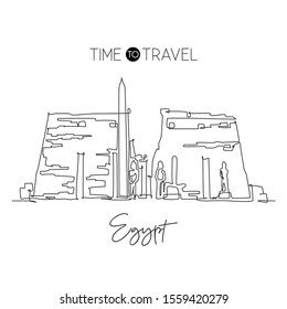 One continuous line drawing Ancient Egyptian Luxor Temple landmark. World iconic place in Egypt. Holiday vacation home decor wall art poster concept. Modern single line draw design vector illustration