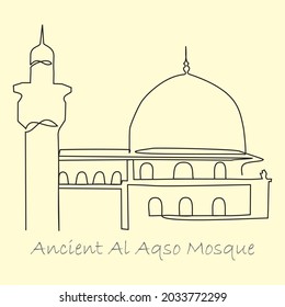 One continuous line drawing of Ancient Al-Aqsa Mosque in Jerusalem - palestine. Vector illustration of Al-Aqso Mosque for logo, icon, greeting banner design.
