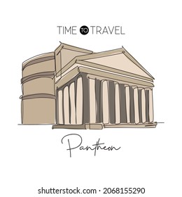 One continuous line drawing ancient Roman building Pantheon landmark. Pantheum temple in Rome, Italy. Holiday vacation wall decor art poster concept. Modern single line draw design vector illustration