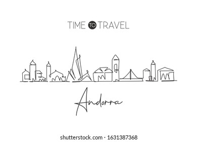 One Continuous Line Drawing Of Andorra La Vella City Skyline. Beautiful Landmark Postcard. World Landscape Tourism Travel Vacation. Editable Stylish Stroke Single Line Draw Design Vector Illustration