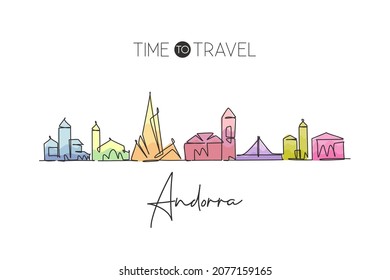 One Continuous Line Drawing Of Andorra La Vella City Skyline. Beautiful Landmark Postcard. World Landscape Tourism Travel Vacation. Editable Stylish Stroke Single Line Draw Design Vector Illustration