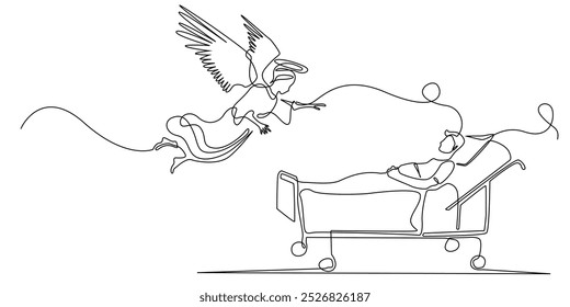 one continuous line drawing of an angel flying to a sick person.one line drawing of a person's death.single line vector illustration.isolated white background