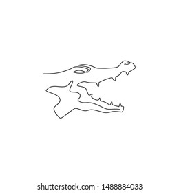 One continuous line drawing of angry head wild crocodile for company logo identity. Scary animal alligator concept for national park icon. Modern single line draw design graphic vector illustration