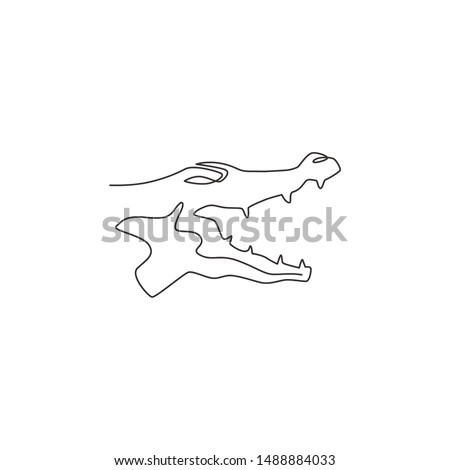 One continuous line drawing of angry head wild crocodile for company logo identity. Scary animal alligator concept for national park icon. Modern single line draw design graphic vector illustration