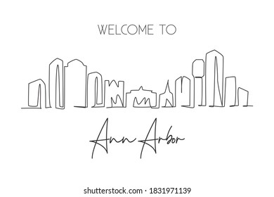 One continuous line drawing of Ann Arbor city skyline, Michigan. Beautiful landmark. World landscape tourism travel home wall decor poster print. Stylish single line draw design vector illustration