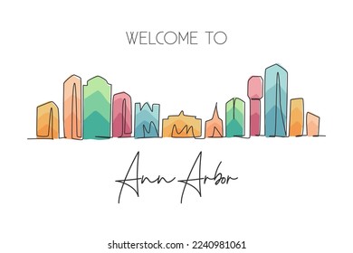 One continuous line drawing of Ann Arbor city skyline, Michigan. Beautiful landmark. World landscape tourism travel home wall decor poster print. Stylish single line draw design vector illustration