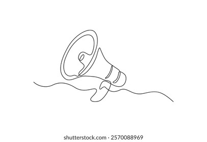 One Continuous Line Drawing of Announcement Icon, Megaphone is drawn with a continuous line on a white background.