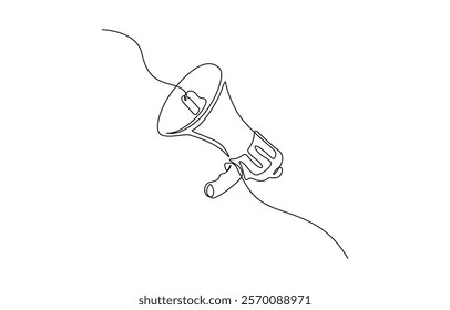 One Continuous Line Drawing of Announcement Icon, Megaphone is drawn with a continuous line on a white background.