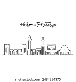 One continuous line drawing of Antalya skyline vector illustration. Modern city in Turkey in simple linear style vector design concept. Big city in Turkey. Iconic architectural skyline building