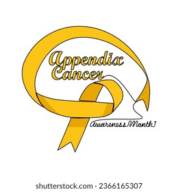 One continuous line drawing of appendix cancer awareness month with white background. Awareness ribbon design in simple linear style. healthcare and medical design concept vector illustration.