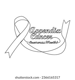 One continuous line drawing of appendix cancer awareness month with white background. Awareness ribbon design in simple linear style. healthcare and medical design concept vector illustration.