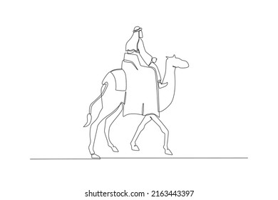 One continuous line drawing of Arab youth riding a camel. Happy Islamic new Year. Single line draw design vector graphic illustration.