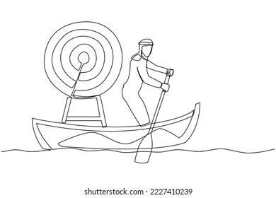 One continuous line drawing Arab entrepreneur standing in boat and sailing with dartboard target.  Hard work achieve business mission and win competition. Single line draw design vector illustration