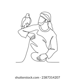 One continuous line drawing of Arabian people with his eagle pets vector illustration. Arabian crazy rich with his hobby illustration simple linear style concept vector. Arabian people hobbies.