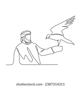 One continuous line drawing of Arabian people with his eagle pets vector illustration. Arabian crazy rich with his hobby illustration simple linear style concept vector. Arabian people hobbies.