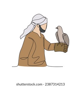 One continuous line drawing of Arabian people with his eagle pets vector illustration. Arabian crazy rich with his hobby illustration simple linear style concept vector. Arabian people hobbies.