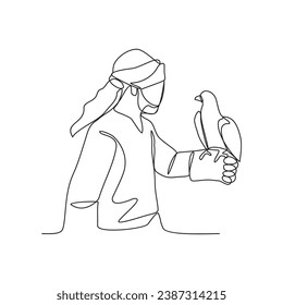 One continuous line drawing of Arabian people with his eagle pets vector illustration. Arabian crazy rich with his hobby illustration simple linear style concept vector. Arabian people hobbies.