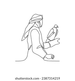 One continuous line drawing of Arabian people with his eagle pets vector illustration. Arabian crazy rich with his hobby illustration simple linear style concept vector. Arabian people hobbies.