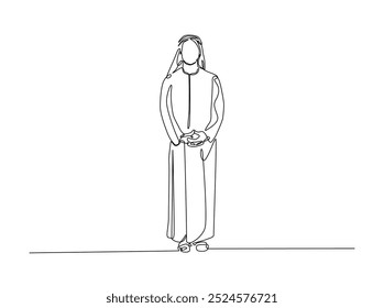 Um desenho de linha contínua de um homem árabe usando uma ilustração de roupa muçulmana. Empresário árabe monoline design.