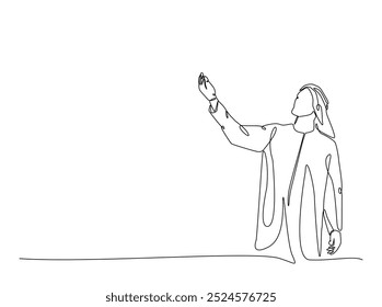 One continuous line drawing of arabian man using muslim clothing illustration. Arabian businessman monoline design.