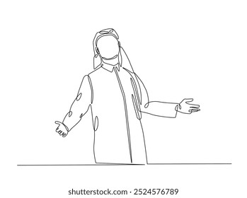 One continuous line drawing of arabian man using muslim clothing illustration. Arabian businessman monoline design.