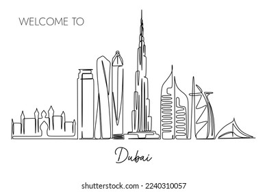 One continuous line drawing of arabic city skyline. World Famous tourism destination. Simple hand drawn style design for travel and tourism promotion campaign