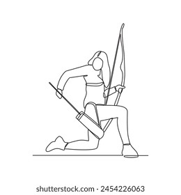 One continuous line drawing of Archery athlete vector illustration. Archery is great way to develop focus, concentration, and self-discipline. Archery athlete design concept in simple continuous line.