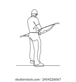 One continuous line drawing of Archery athlete vector illustration. Archery is great way to develop focus, concentration, and self-discipline. Archery athlete design concept in simple continuous line.