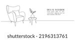 One continuous line drawing of armchair and lamp and potted plant. Modern rustic furniture for living room interior in simple linear style. Editable stroke. Doodle Vector illustration.