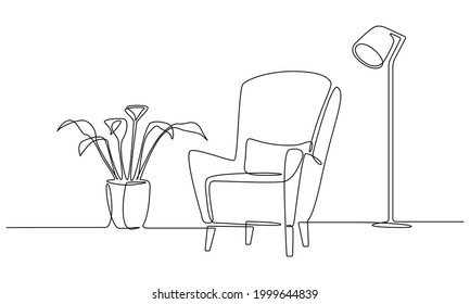 One continuous Line drawing of armchair and lamp and plant. Modern flat furniture for living room interior in simple linear style. Editable stroke Vector illustration