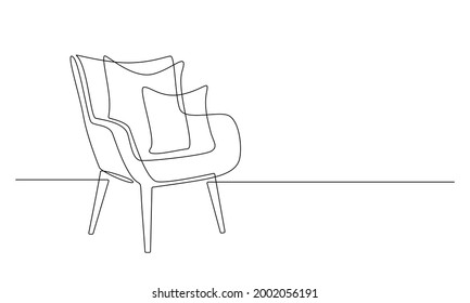 Una línea continua de tracción de sillón con almohadas. Mobiliario escandinavo de estilo sencillo lineal. Ilustración del vector de trazo editable