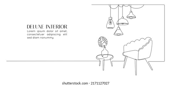 One continuous line drawing of armchair and floor lamp and vase with plant. Modern scandinavian and soft furniture chair in simple linear style. Editable stroke. Doodle vector illustration