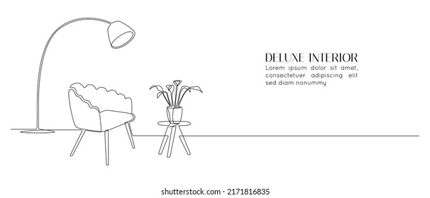 One continuous line drawing of armchair and floor lamp and vase with plant. Modern scandinavian and soft furniture chair for web banner in simple linear style. Doodle vector illustration