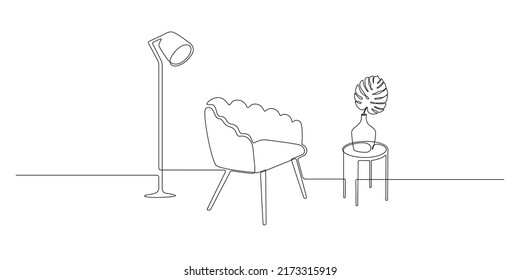 One continuous line drawing of armchair and loft floor lamp and vase with monstera. Modern scandinavian and soft furniture chair in simple linear style. Editable stroke. Doodle vector illustration
