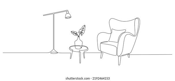 One continuous line drawing of armchair and lamp and potted plant. Modern rustic comfort furniture for living room interior in simple linear style. Editable stroke. Doodle Vector illustration