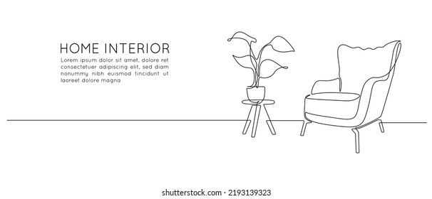 One continuous line drawing of armchair and lamp and potted plant. Modern rustic furniture for living room interior in simple linear style. Editable stroke. Doodle Vector illustration