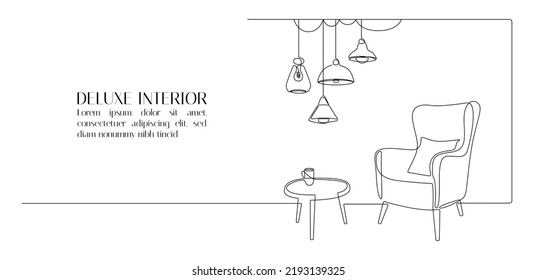 One continuous line drawing armchair   hanging lamp  Modern loft furniture for living room interior in simple linear style  Editable stroke  Doodle Vector illustration