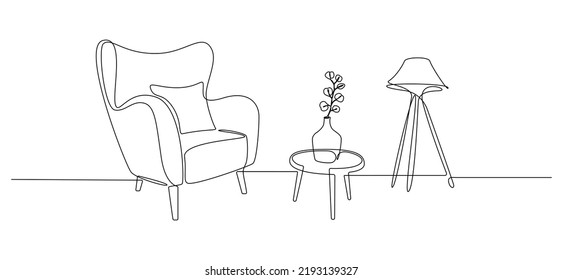 One continuous line drawing of armchair and lamp and potted plant. Modern rustic furniture for living room interior in simple linear style. Editable stroke. Doodle Vector illustration