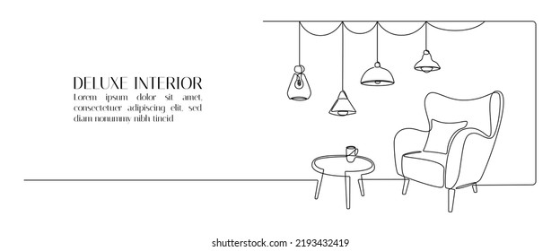 Una línea continua de sillón y lámpara colgante. Mobiliario de loft moderno para el salón interior de estilo lineal sencillo. Trazo editable. Ilustración de Doodle Vector