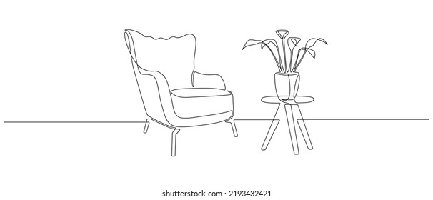 Una línea continua de tracción de sillón y lámpara y maceta. Mobiliario rústico moderno para el interior de la sala de estar en un estilo lineal sencillo. Trazo editable. Ilustración de Doodle Vector