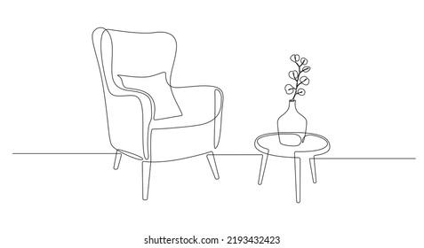 One continuous line drawing of armchair and lamp and potted plant. Modern rustic furniture for living room interior in simple linear style. Editable stroke. Doodle Vector illustration