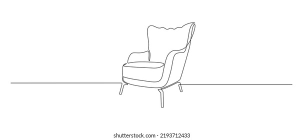 One continuous line drawing of armchair. Modern arm chair furniture for living room interior in simple linear style. Editable stroke. Doodle Vector illustration