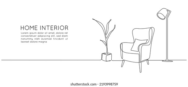 One continuous line drawing of armchair and floor lamp and potted plant. Modern rustic cozy furniture for living room interior in simple linear style. Editable stroke. Doodle Vector illustration