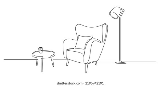 One continuous line drawing of armchair and lamp and morning coffee. Modern rustic cozy furniture for living room interior in simple linear style. Editable stroke. Doodle Vector illustration.