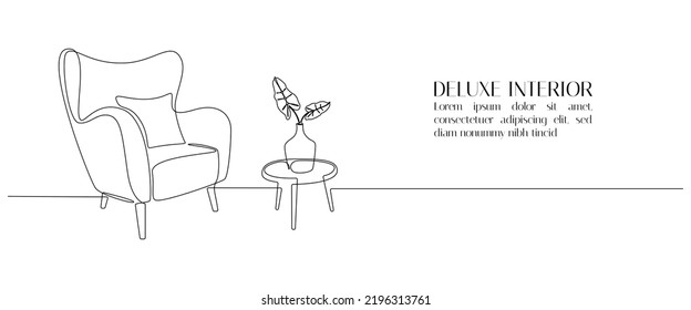 One continuous line drawing of armchair and lamp and potted plant. Modern rustic furniture for living room interior in simple linear style. Editable stroke. Doodle Vector illustration.